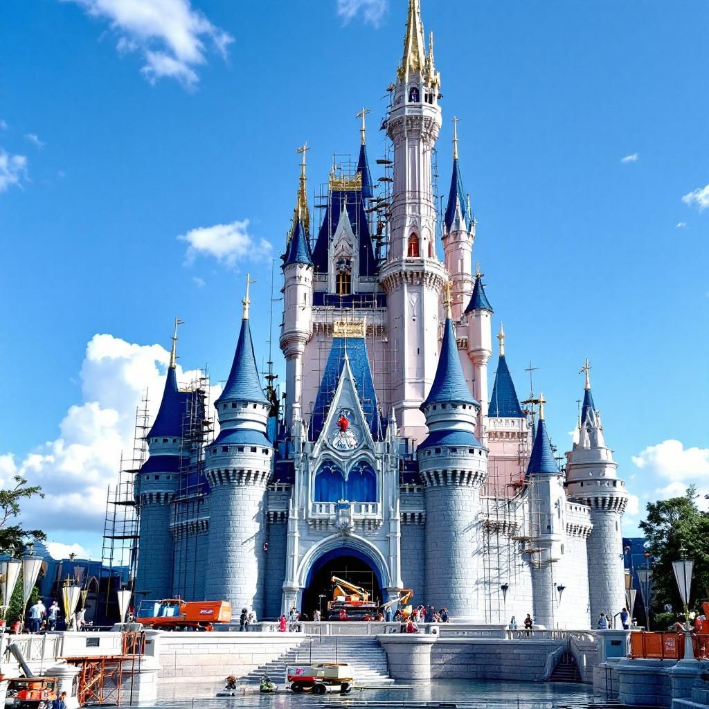 Disney Just Started Painting Cinderella Castle—And the Moat is Completely Drained